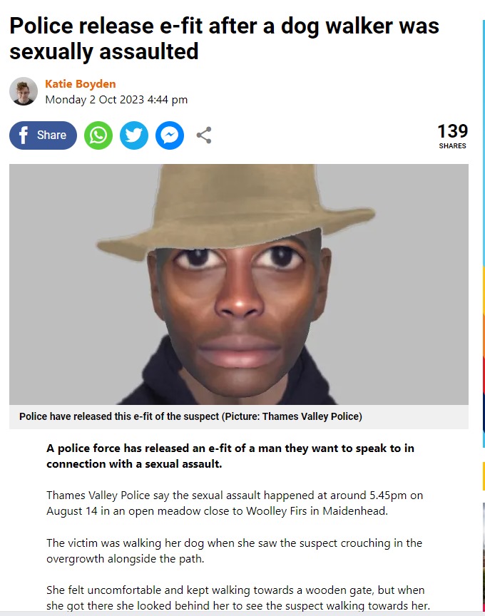 A screengrab of the Metro report about the police e-fit